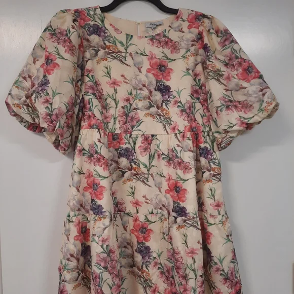 Polagram Cream Floral Puff Sleeve Tiered Mini XL Sonia Dress Side Pockets NWT - Picture 5 of 16